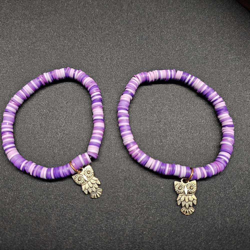 Owl Charmed Purple Clay Beaded Bracelets New